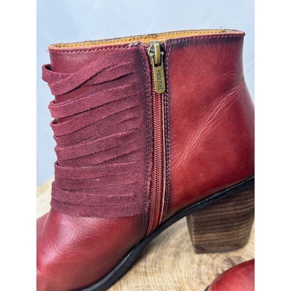 Pikolinos Maroon Red Leather Fringe Ankle Boots - Size 41 EU - 10 / 10.5 US - Picture 6 of 16